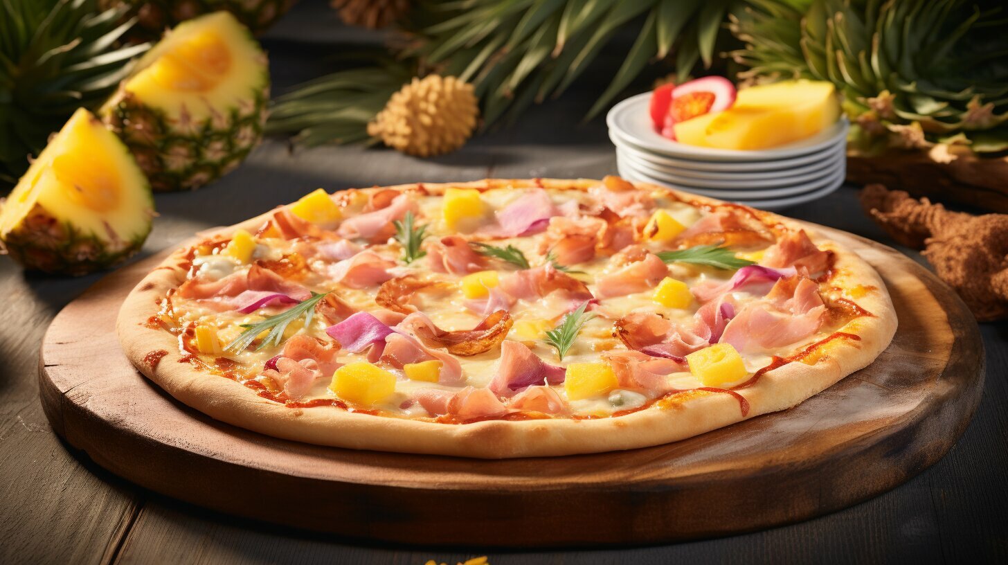 Hawaiian pizza with pineapple, ham, and cheese.