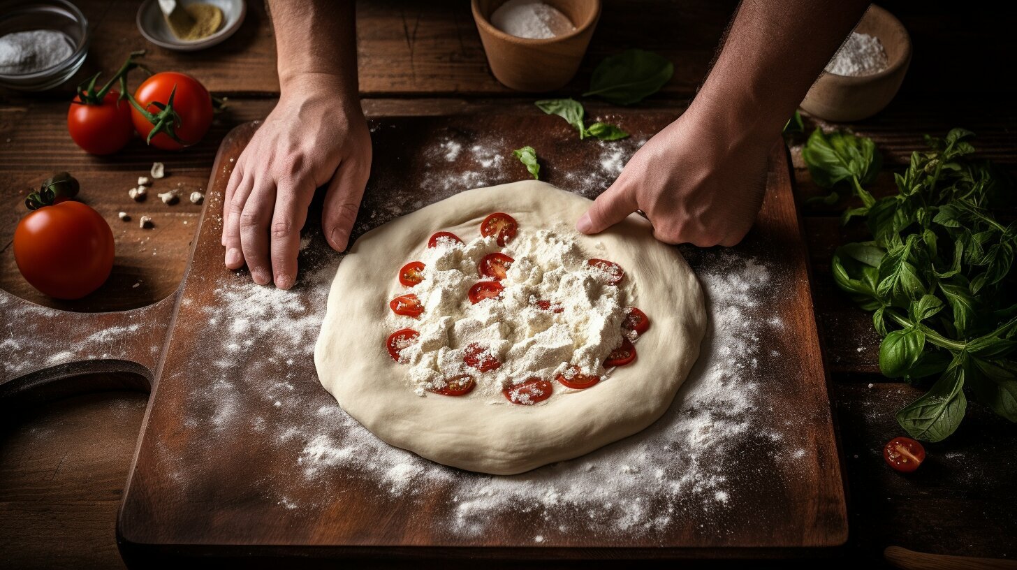 Homemade pizza dough being kneaded