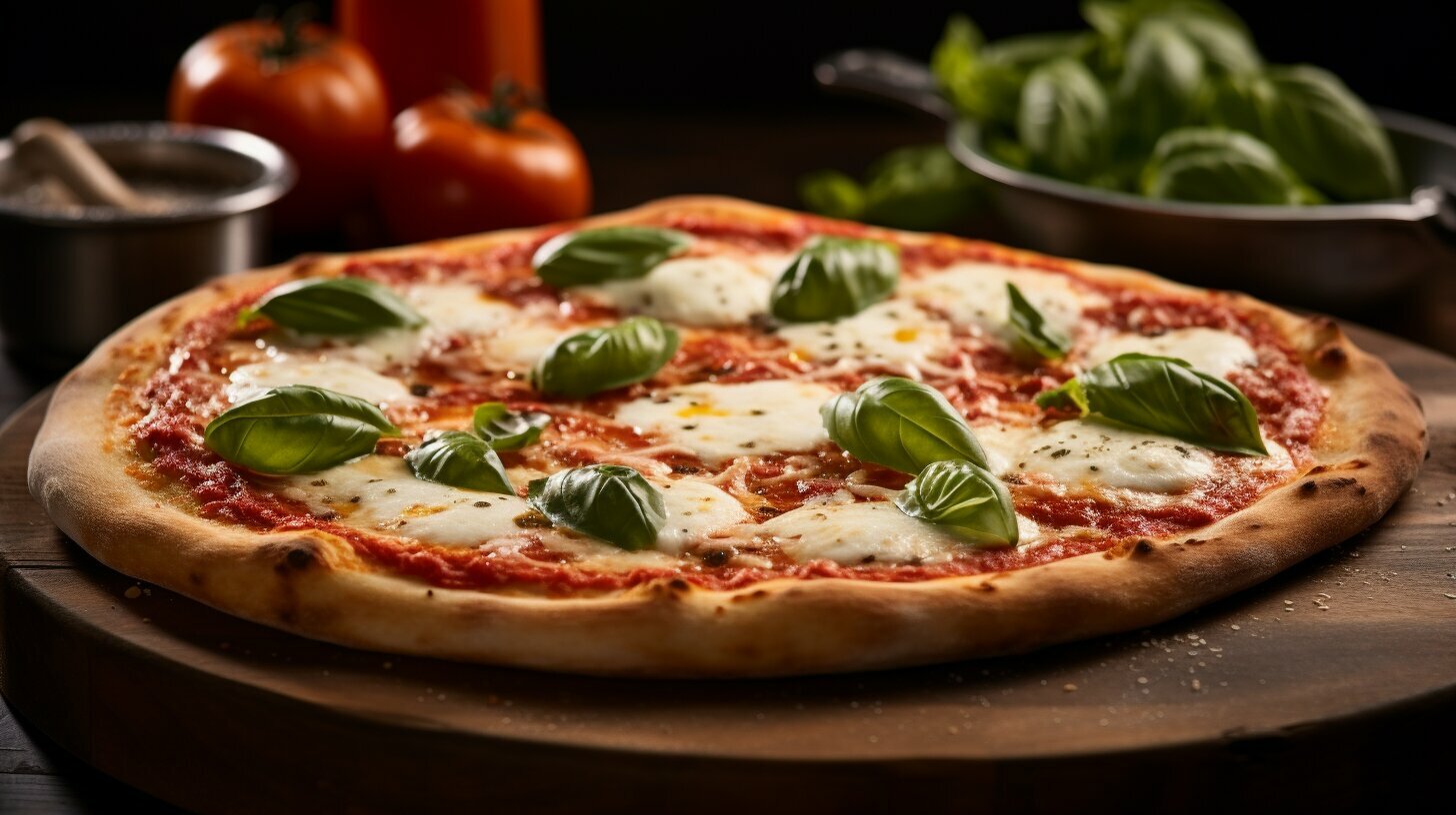 Margherita pizza with mozzarella, tomato sauce, and basil