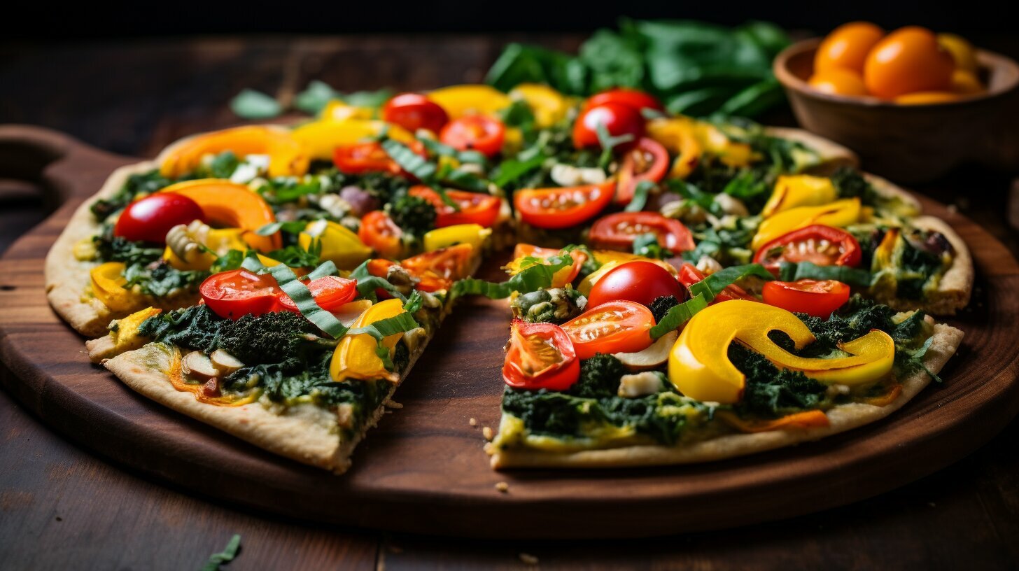 Vegan pizza with fresh veggies and dairy-free cheese.