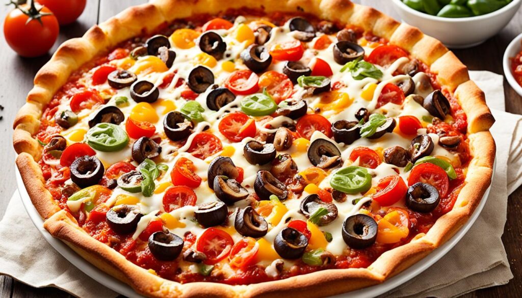 deep-dish pizza with a variety of toppings